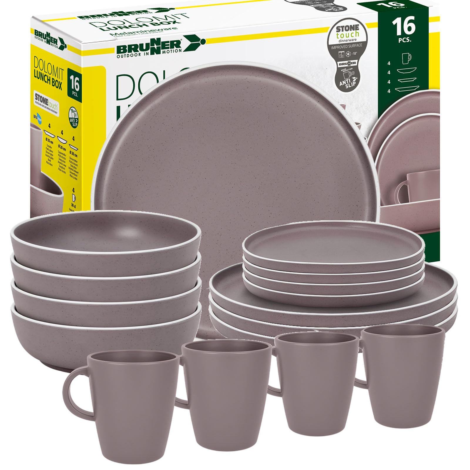 BRUNNER Melamin Geschirr-Set Camping 16-Teilig DOLOMIT Lunch Box Stapelbar | Antislip (Antirutsch), 2-4 Personen, wie Steingut (StoneTouch), Bruchfest, Teller & Kaffe-Becher, Wohnmobil Wohnwagen Boot