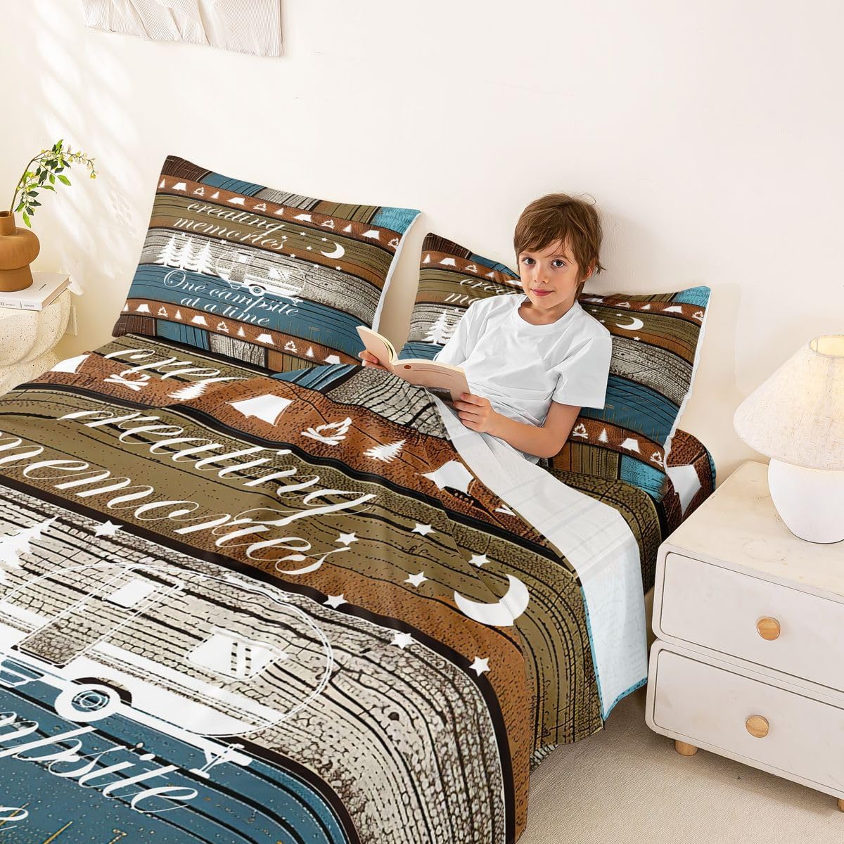 Erosebridal Camper Bed Sheets Set Camping Queen Sheet Set for Toddler Boys | Camp Vintage Rustic Farmhouse Masculine Cottage Flat Sheet,Camping Decor for Camper Brown Blue