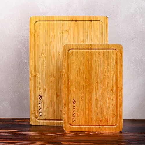 Miniatura 2 de Daniks Juego de 2 tablas de cortar de bambú orgánico (16 x 12 y 13 x 9 pulgadas) con ranura para jugos, resistente, sin BPA, ecológicas, para