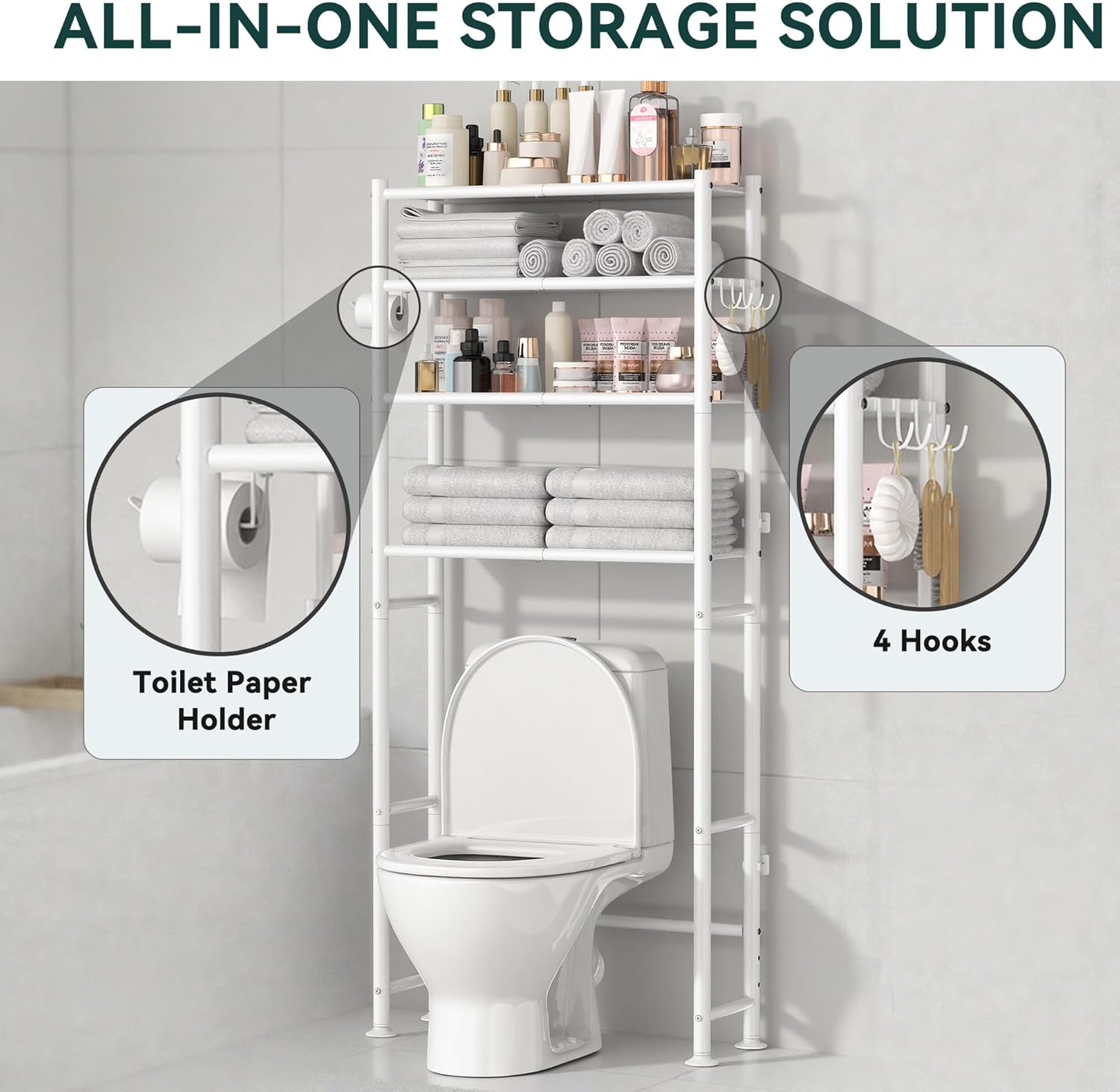 4-Tier Over The Toilet Storage, 200lb Total Capacity Metal Bathroom Organizer with 36" Clearance, Includes Paper Holder & 4 Hooks, Space Saving Rack for Bathroom Laundry Room (64" H, White)
