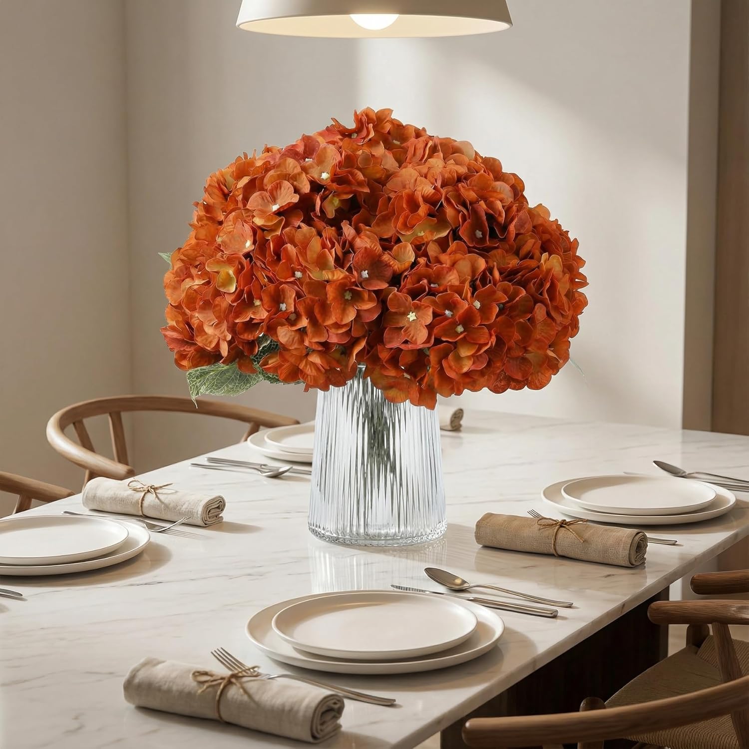 2Bouquets Artificial Fake Flowers Plants Silk Hydrangea Arrangements Wedding Bouquets Decorations Plastic Floral Home Kitchen Garden Party Festival Bar DIY (Orange,5 Flower Heads) - Image 5