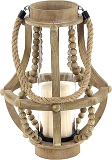 Deco 79 Farmhouse Recycled Wood Candle Lantern, 10" x 10" x 16", Beige, Black, Clear