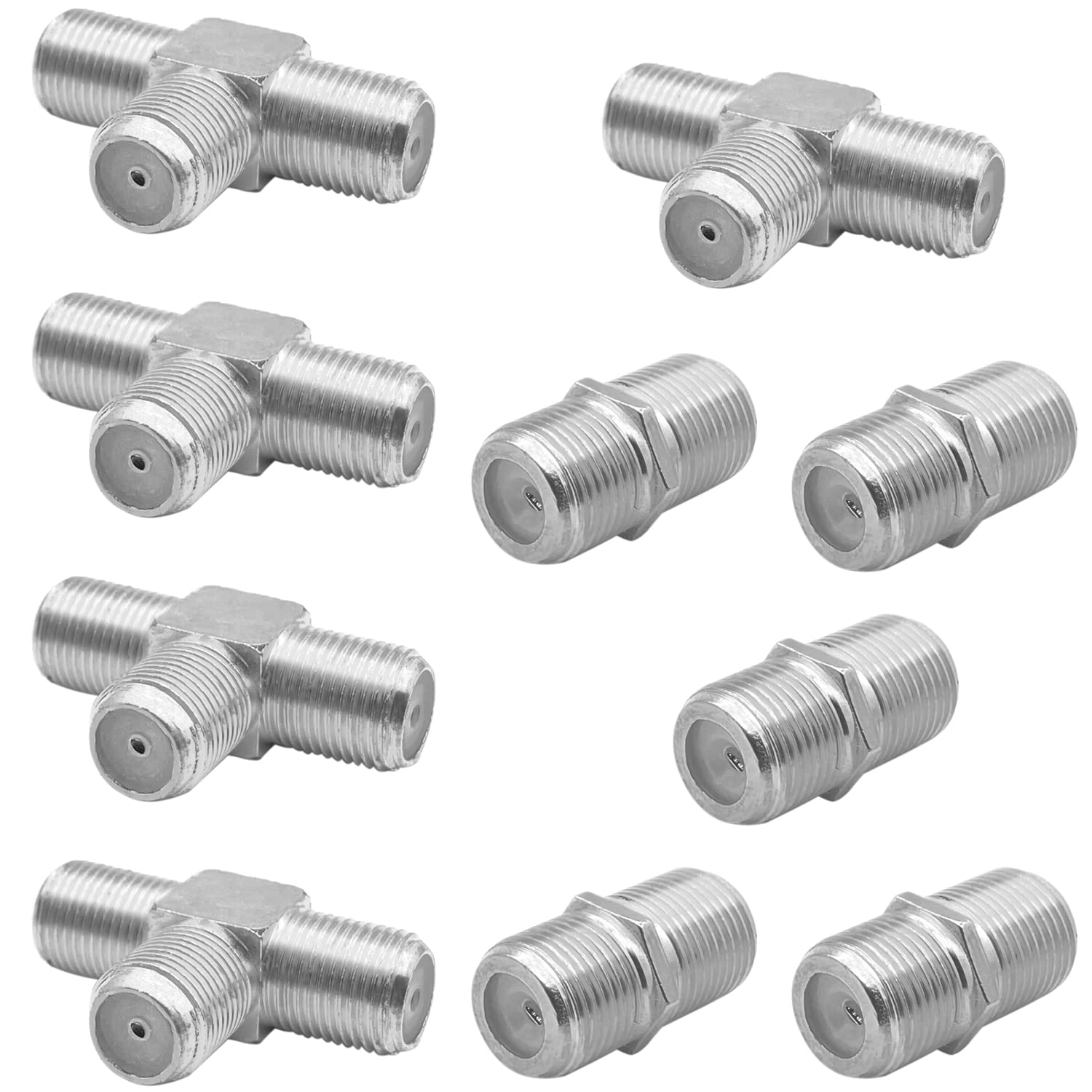 10 Pack RG6 Coax Coaxial Cable Extender and F Type RG6 Female to 2 Female 3 Way Coax Cable T Splitter Adapter, Coaxial Cable Connector T Shape and Female to Female for TV Video VCR Antenna Satellite