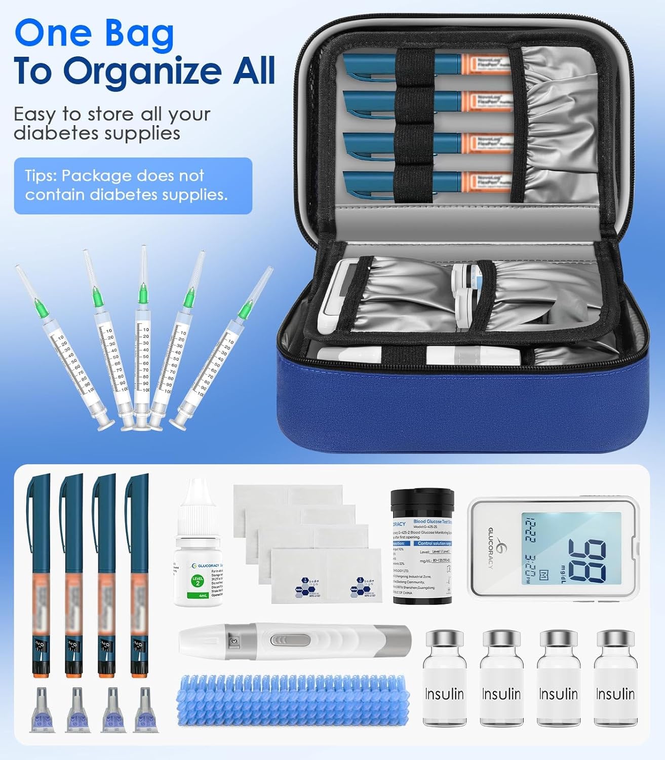 Glucoracy Insulin Cooler Travel Case, Large Medication Cooler Bag with 4 Reusable Ice Packs for Insulin Pens and Diabetic Supplies, Diabetic Care Kits Organizer with Handle Design, Blue