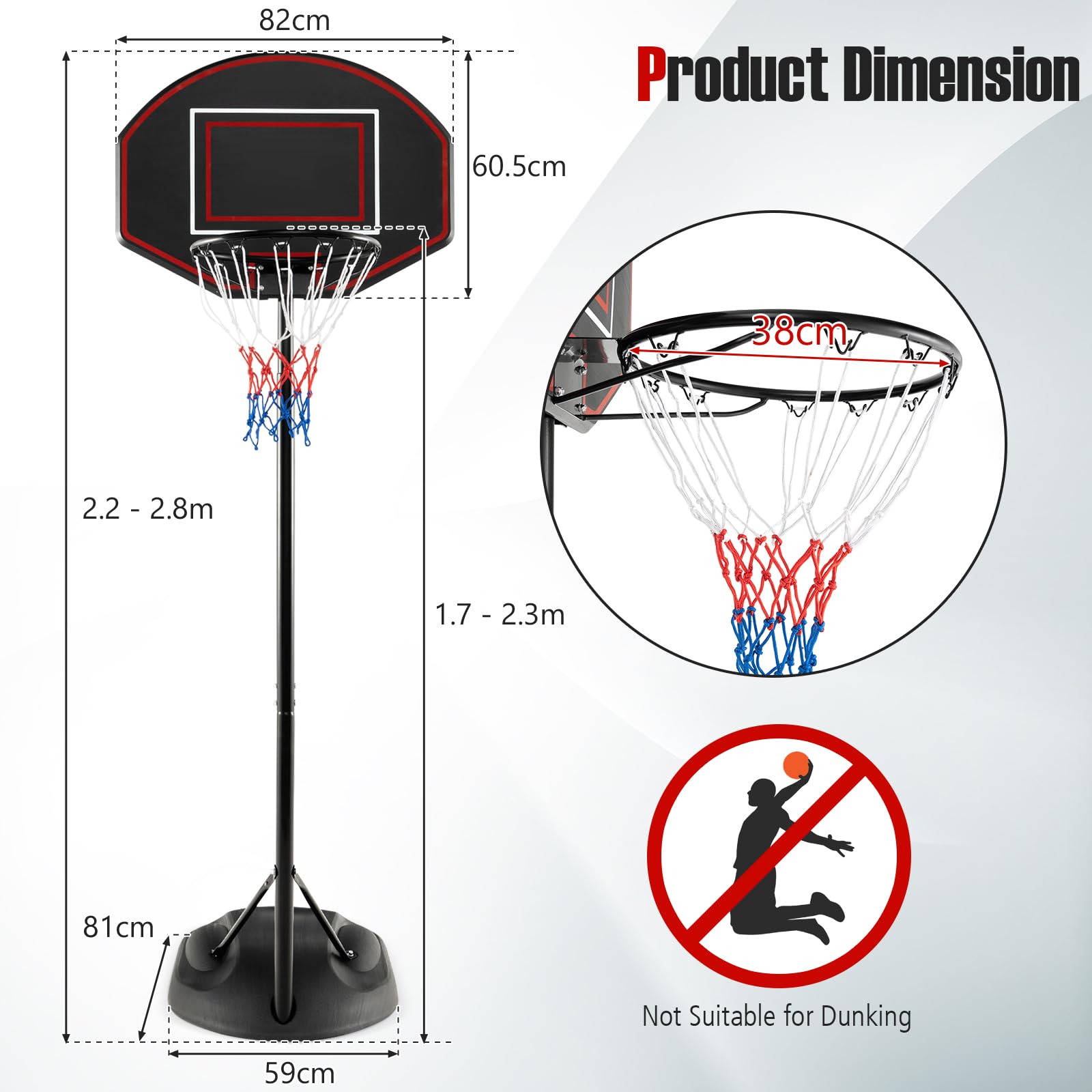 GYMAX Canestro da basket e supporto, sistema di porta da basket regolabile in altezza con base riempibile e ruote integrate, set di rete da basket portatile per esterni e interni, per bambini, ragazzi