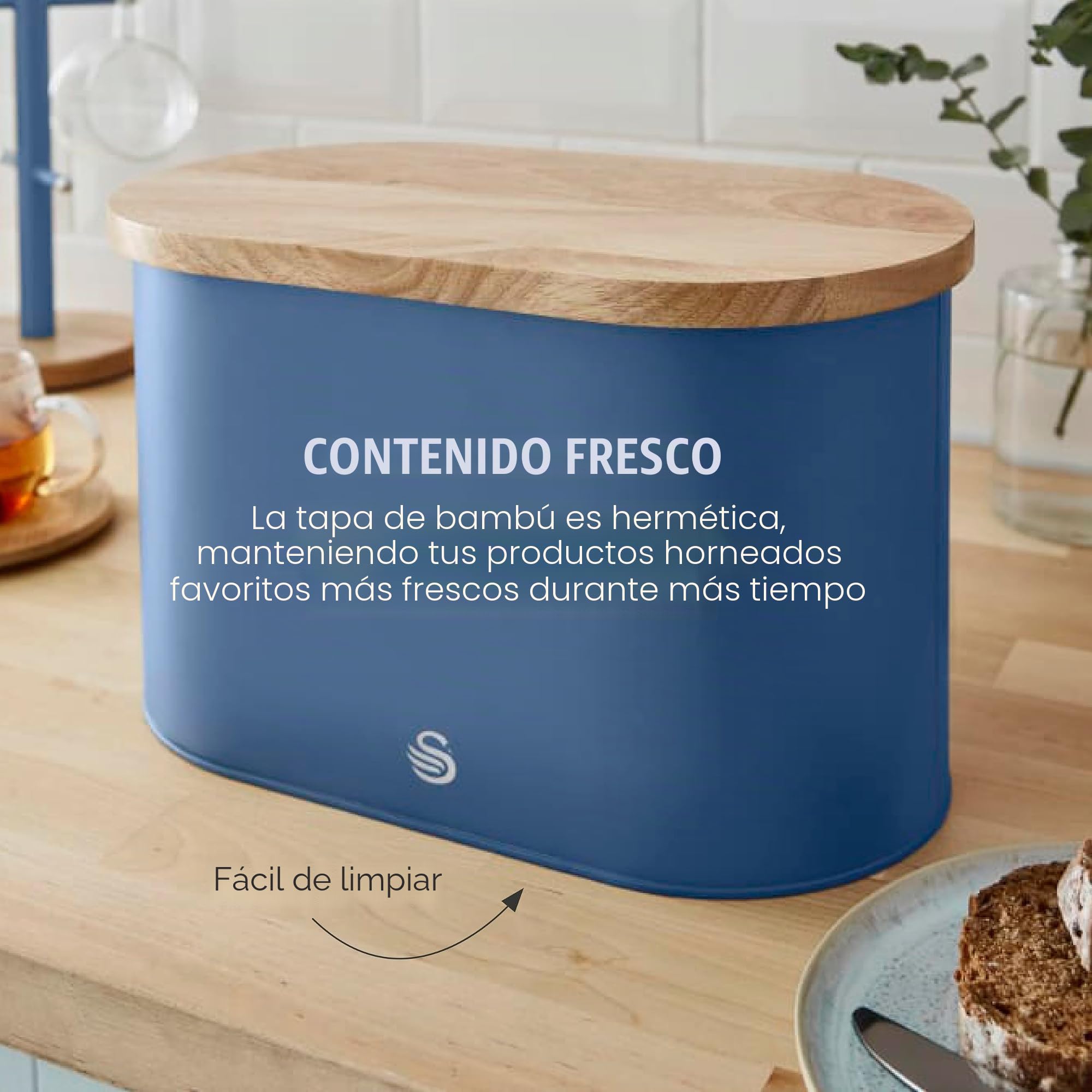 Swan Nordic Panera de Mesa para Guardar, Tapa Tabla de Cortar de Bambú, Contenedor de Acero al Carbono para Almacenamiento de Pan y Bollería, Bread Bin, Diseño Moderno, Azul, Talla única