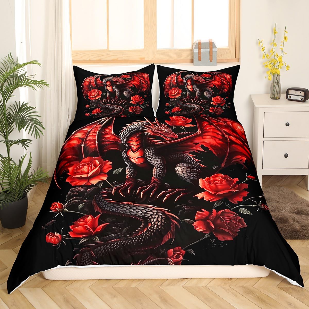 Homemissing Red Rose Dragon Duvet Cover Grey Black Dragon Teens Women Bedding Set for Kids Boys Girls Floral Flower Dragon Decor Comforter Cover Romantic Bedspread Cover 3Pcs Super King Size - Image 2