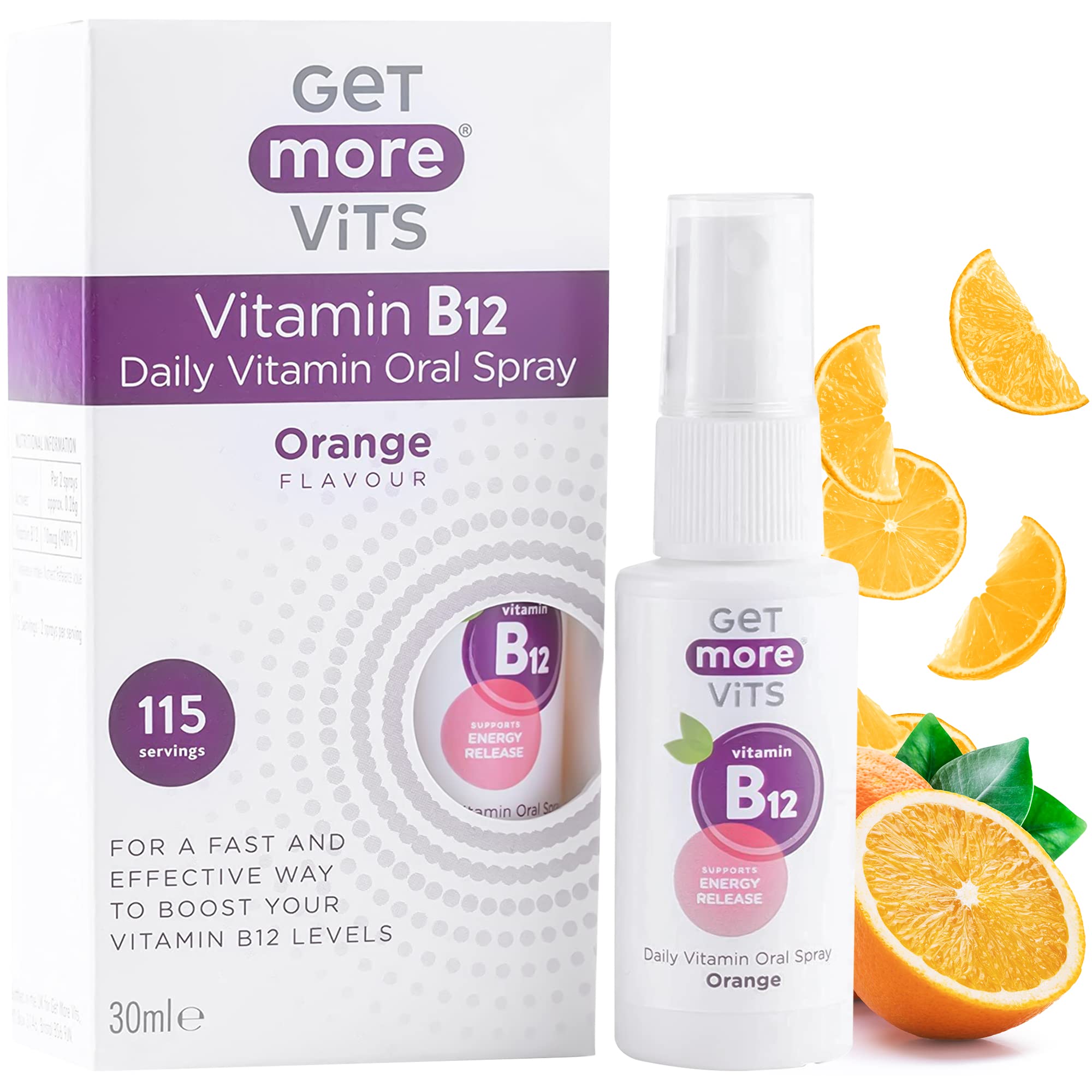 Get More Vits - Vitamin B12 Daily Oral Spray (30ml), 115 Servings per Bottle, Orange Flavour, Supports Energy Release, Reduce Tiredness & Fatigue, Supports Immune & Nervous System, Vegetarian, Vegan