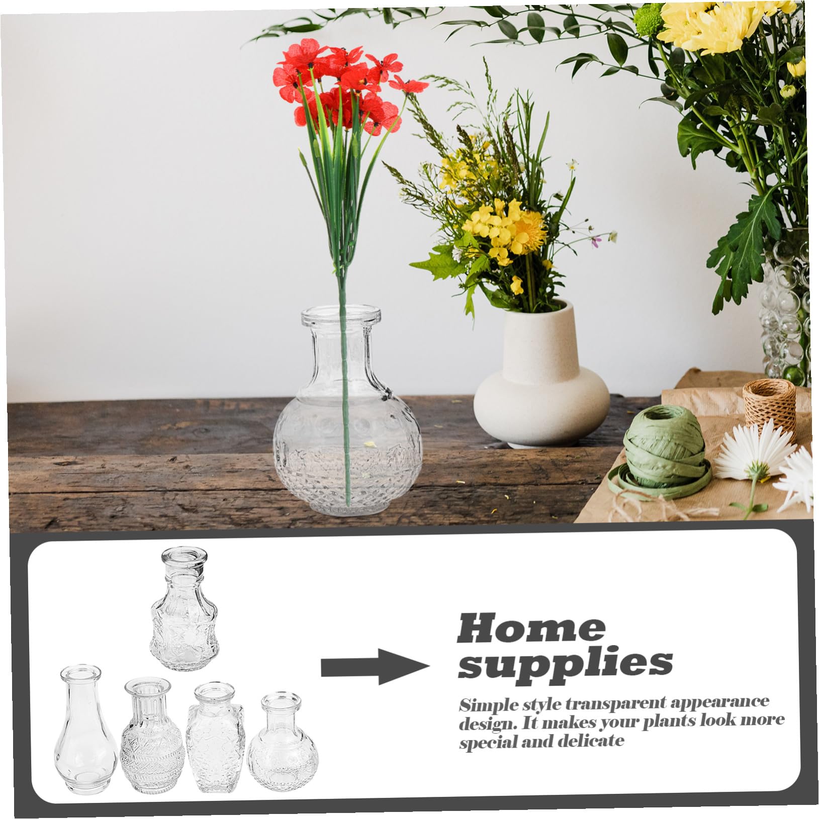 5 Pezzi Vaso Trasparente in Vetro Stile Vintage Rilievo per Fiori
