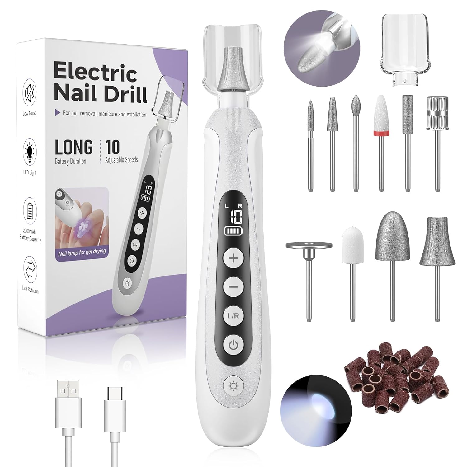 Nail Drill, Electric Nail File & 10-Speed Cordless Nail File, 10 in 1 Kit for Thick Toenails, 2000mAh Rechargeable Portable Manicure Pedicure Kit with LED Display Ideal Gift for Men & Women(Silver)