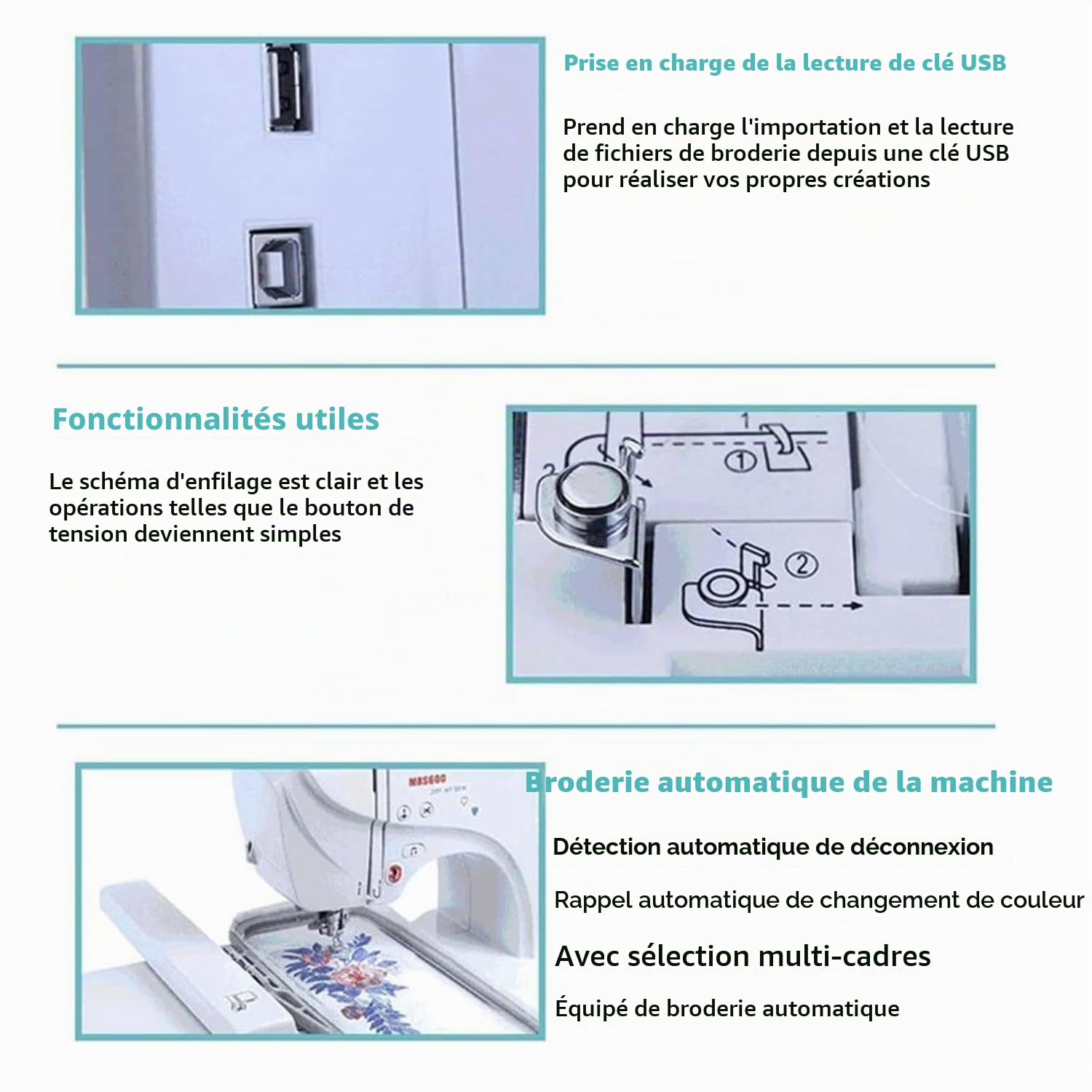 Machine À Broder Électrique, Machine À Coudre Automatique avec Grand Écran Tactile LCD, Outil Broderie DIY, 210 Lettres Intégrées Et 30 Bordures De Motifs, Couture Simplifiée