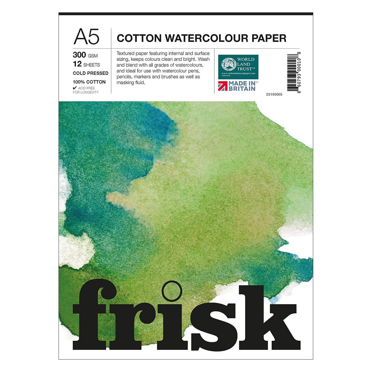 Frisk Watercolour Paper Pad 300gsm 100% Cotton Cold Pressed/Not 12sheets A5, White (23195005)