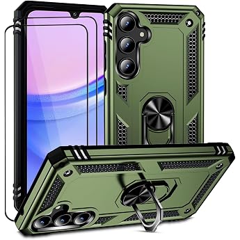 Case for Samsung Galaxy A15 Mobile Phone Case with 2 Pieces Screen Protector Galaxy A15 Cover with 360 Degree Ring Holder Stand Military Case Protection A15 Case Protective Case for Samsung A15