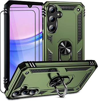 Case for Samsung Galaxy A15 Mobile Phone Case with 2 Pieces Screen Protector Galaxy A15 Cover with 360 Degree Ring Holder Stand Military Case Protection A15 Case Protective Case for Samsung A15