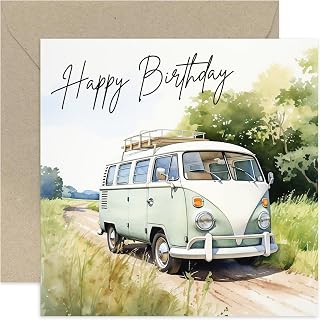 Happy Birthday Card for Him - Vintage Campervan Countryside Watercolour Birthday Card - Blank Inside Envelope