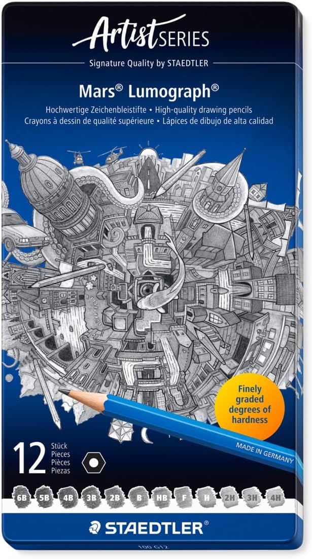 STAEDTLER premium quality drawing pencil, Mars Lumograph, graphite pencil set in metal tin, break-resistant super-bonded lead, design set of 12 degrees, 100 G12