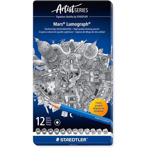 STAEDTLER Mars Lumograph Art Drawing Pencils (12-Pack) – Sustainable, Break-Resistant Graphite, Metal Case