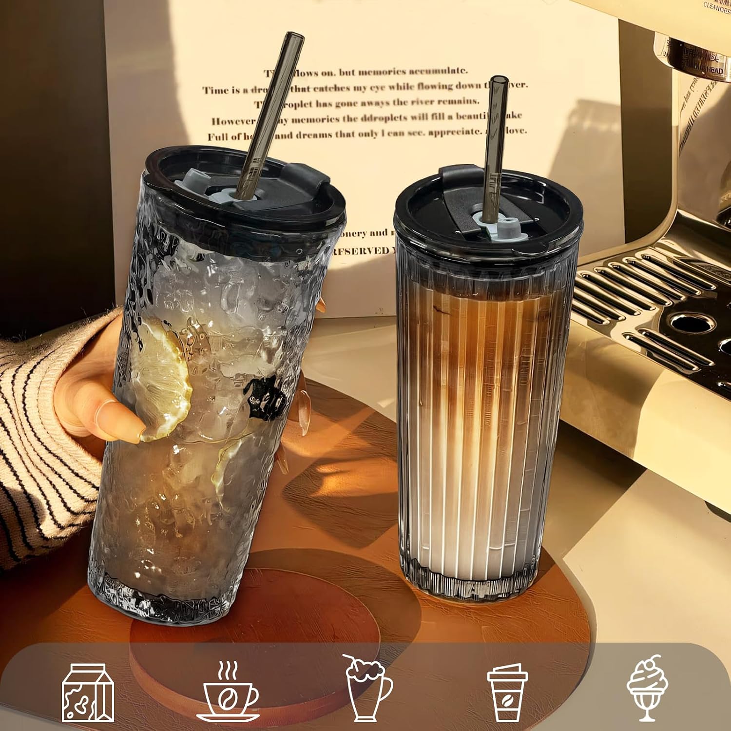 Puraville 2 Pack 18oz Glass Cups with Lids and Straws, Black