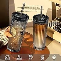 Vista 3 de Puraville Paquete de 2 vasos de vidrio de 18 onzas con tapas y pajitas, cristalería engrosada con patrón de glaciar a rayas acanaladas vintage