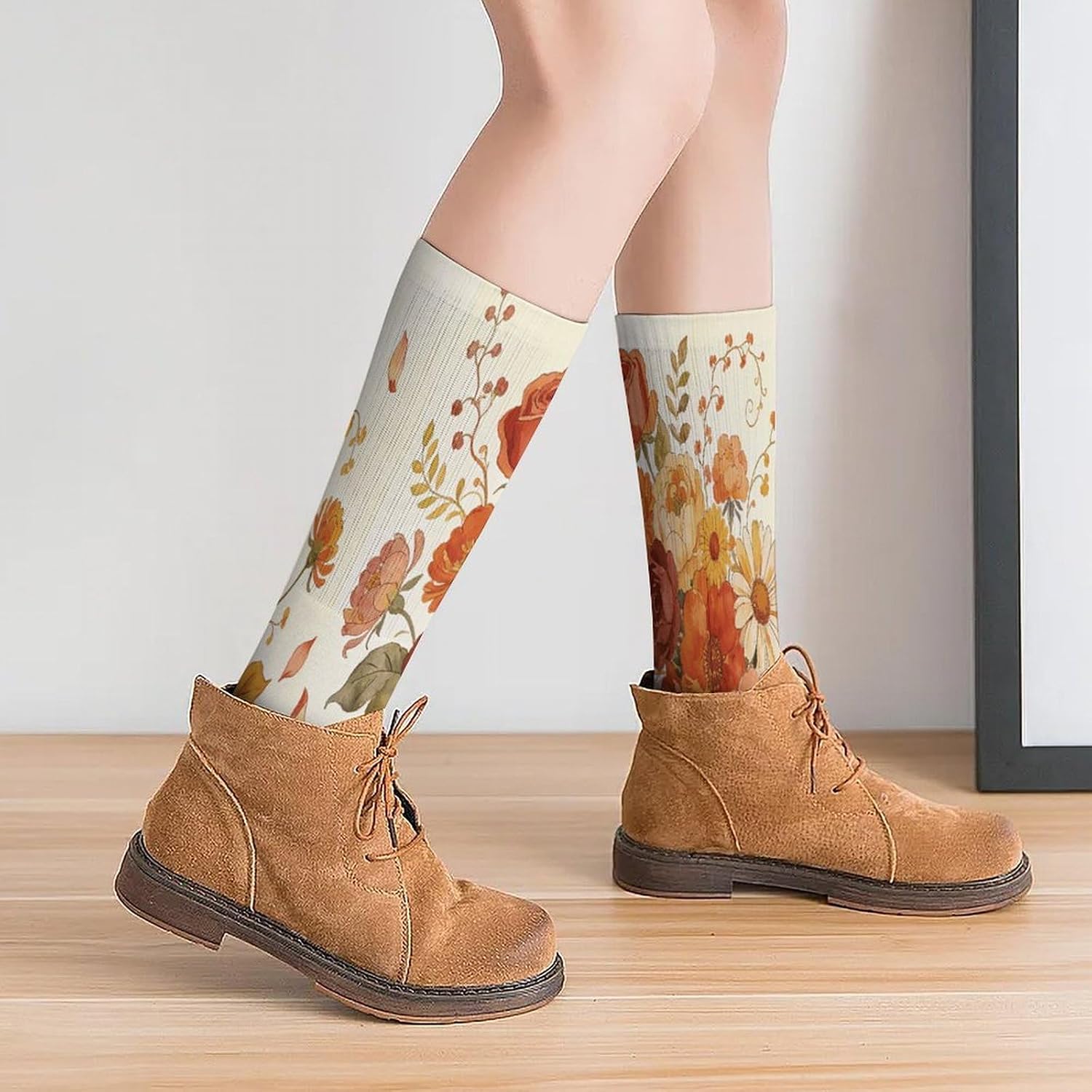Boho Flower Crew Socks Casual Breathable Calf Socks | Cushion Running Athletic Socks Long Performance Breathable Sports Socks for Women Men