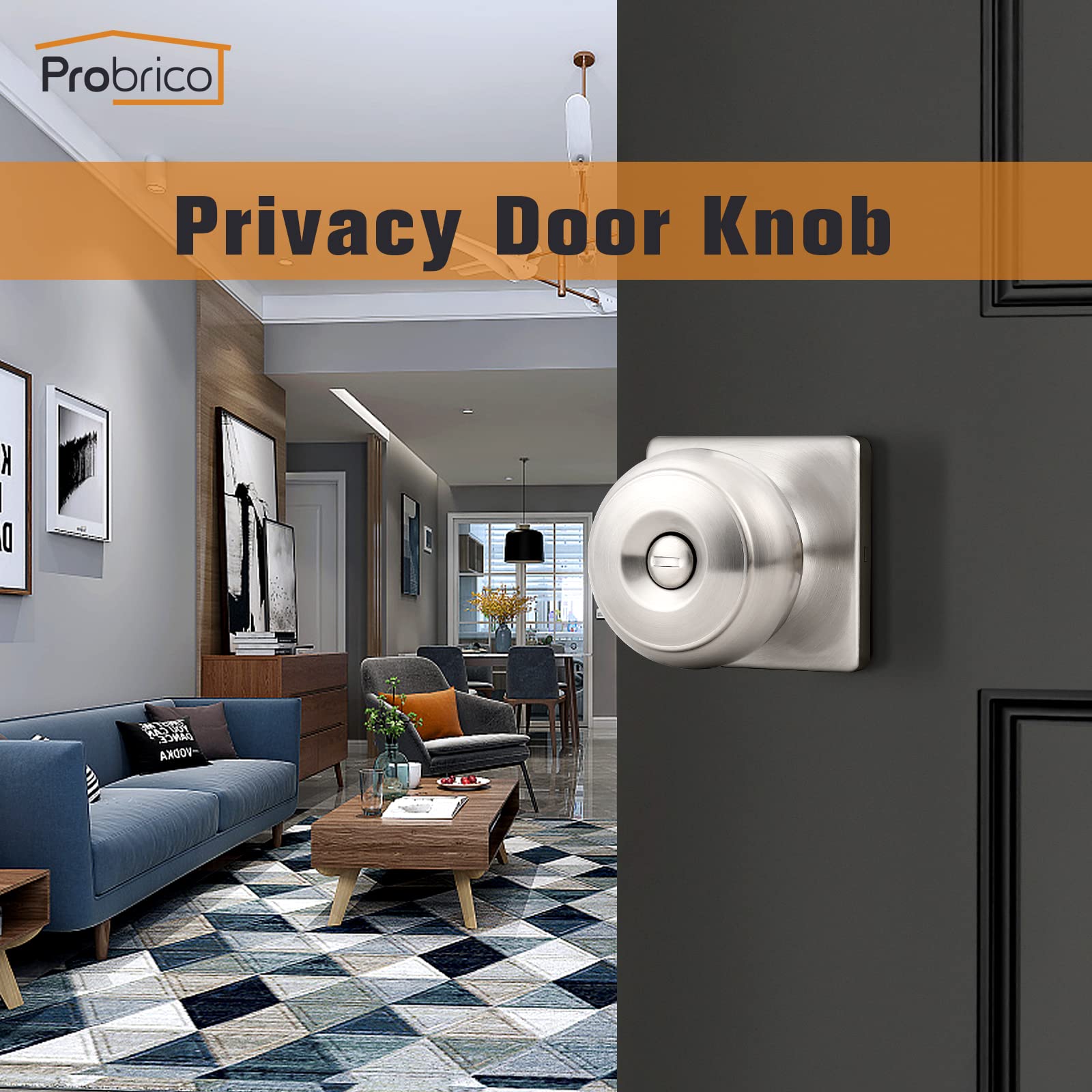Probrico Pomos cuadrados de níquel cepillado, pomos de puerta de privacidad para dormitorio y baño, manijas de puerta interiores de acero inoxidable, pomos de puerta modernos con roseta cuadrada,