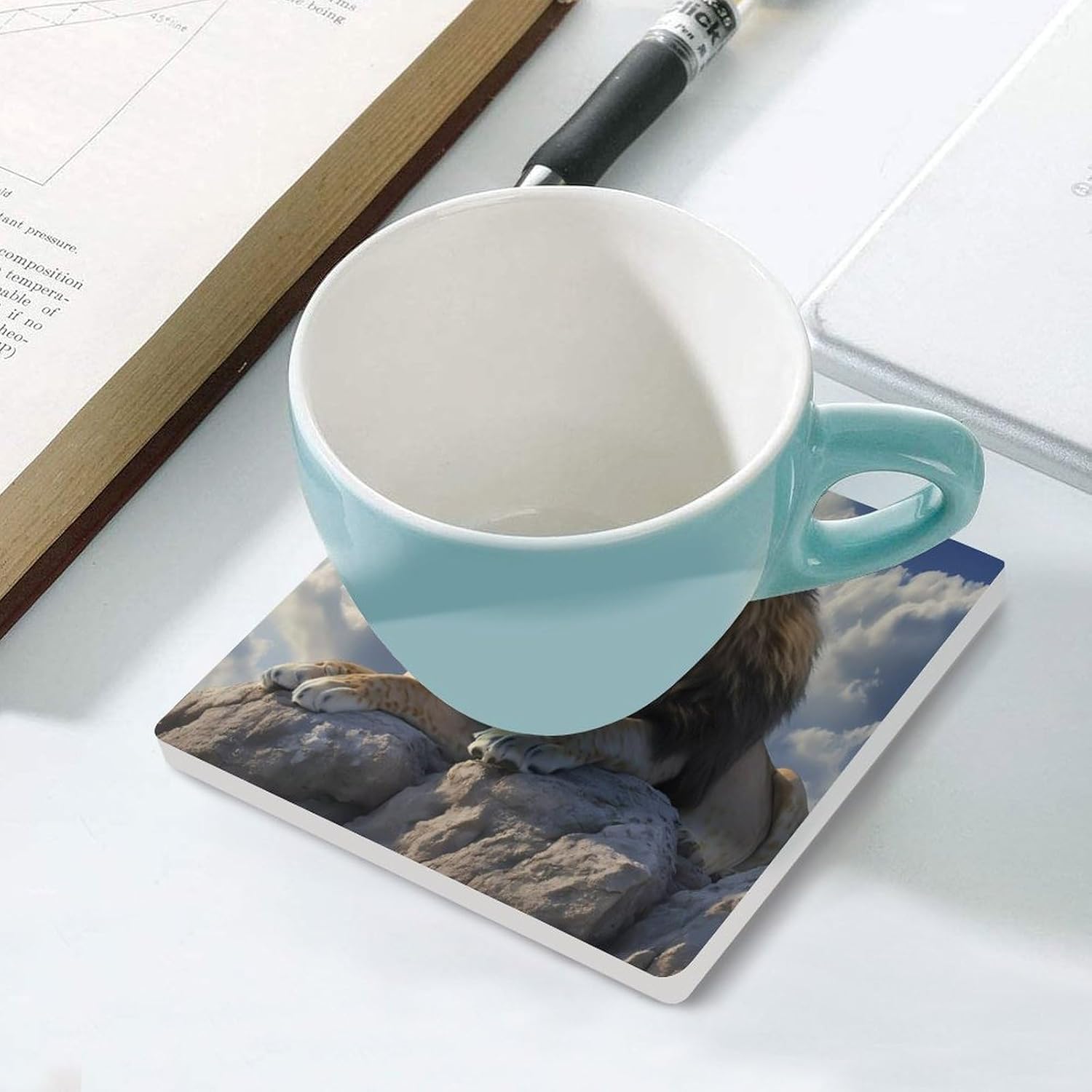 Animal Lion Love Coasters for Drinks Square Ceramic Coasters Cup Mats with Cork Base
