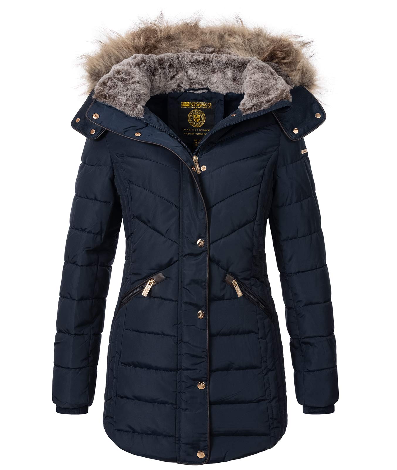 Geographical Norway Damen Winterjacke Parka Damenjacke Damenmantel Wintermantel Damen Jacken Outdoorjacke Warm Kunstfellkragen Gefüttert D-456 Navy M