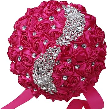 Handmade Satin Rose Round Bling Pearl Decor Bridal Wedding Bouquet Throw Toss Artificial Brooch Flowers for Bride Bridesmaid Wedding Quinceanera 22cm/8.66in,Rose Red