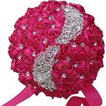 Handmade Satin Rose Round Bling Pearl Decor Bridal Wedding Bouquet Throw Toss Artificial Brooch Flowers for Bride Bridesmaid Wedding Quinceanera 22cm/8.66in,Rose Red