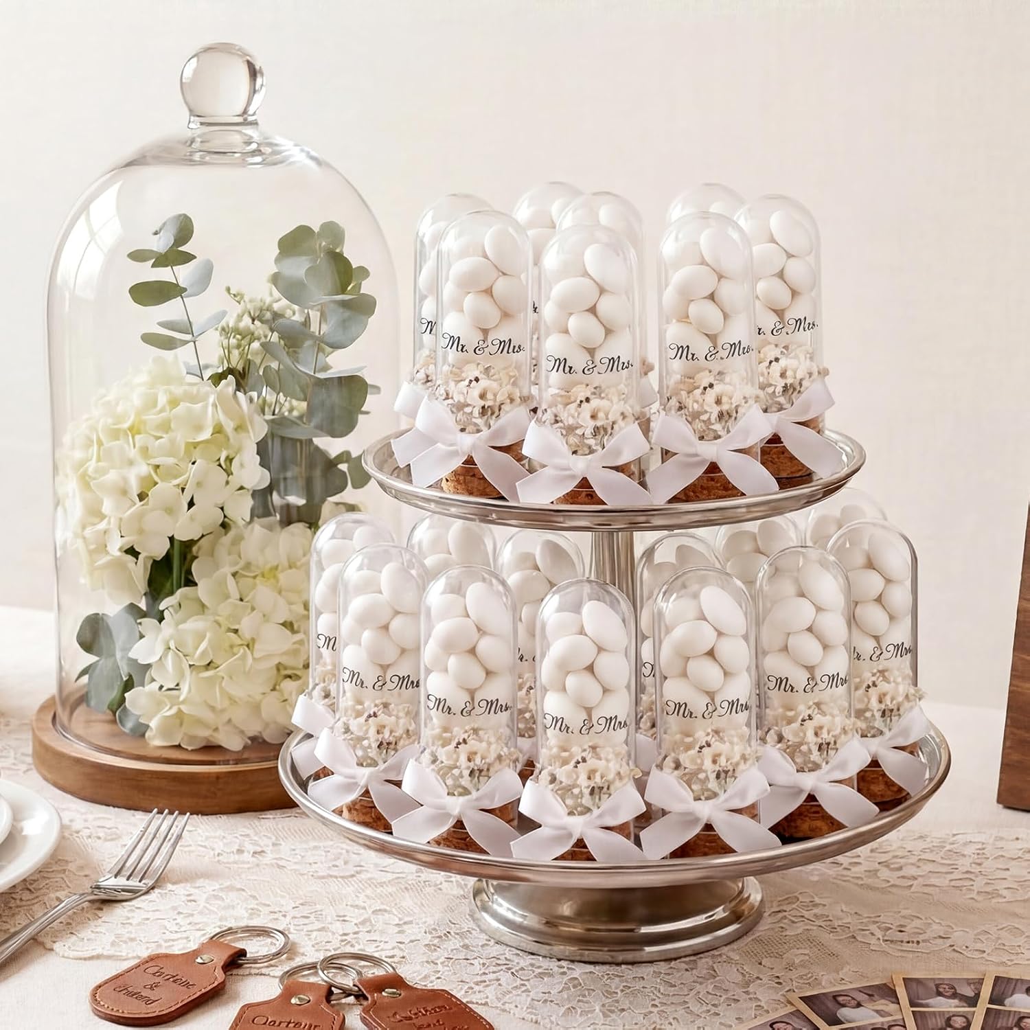 25 Sets Wedding Candy Favors for Guests, 40 ml Glass Bottles with Cork Stopper, Mr. & Mrs. Sticker, Dried Flower and Ribbon Bow, DIY Glass Jars for Italian Almond Favor Wedding Party Supplies (White)