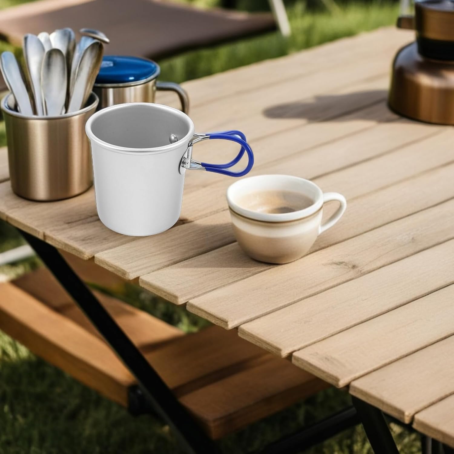 KICHOUSE Foldable Camping Mug Outdoor Travel Coffee Cup Aluminum Alloy Portable Reusable Water Cup for Hiking Fishing Blue