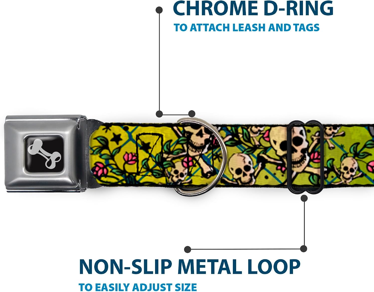 Dog Collar Seatbelt Buckle Trust No One Close Up Yellow Green Blue 16 to 23 Inches 1.5 Inch Wide