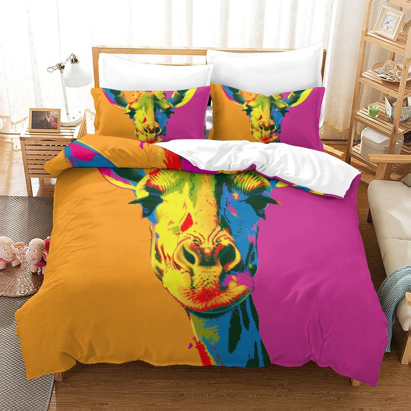 Housse de couette 260x220 girafe colorée 3D super king en microfibre respirante 3 pièces