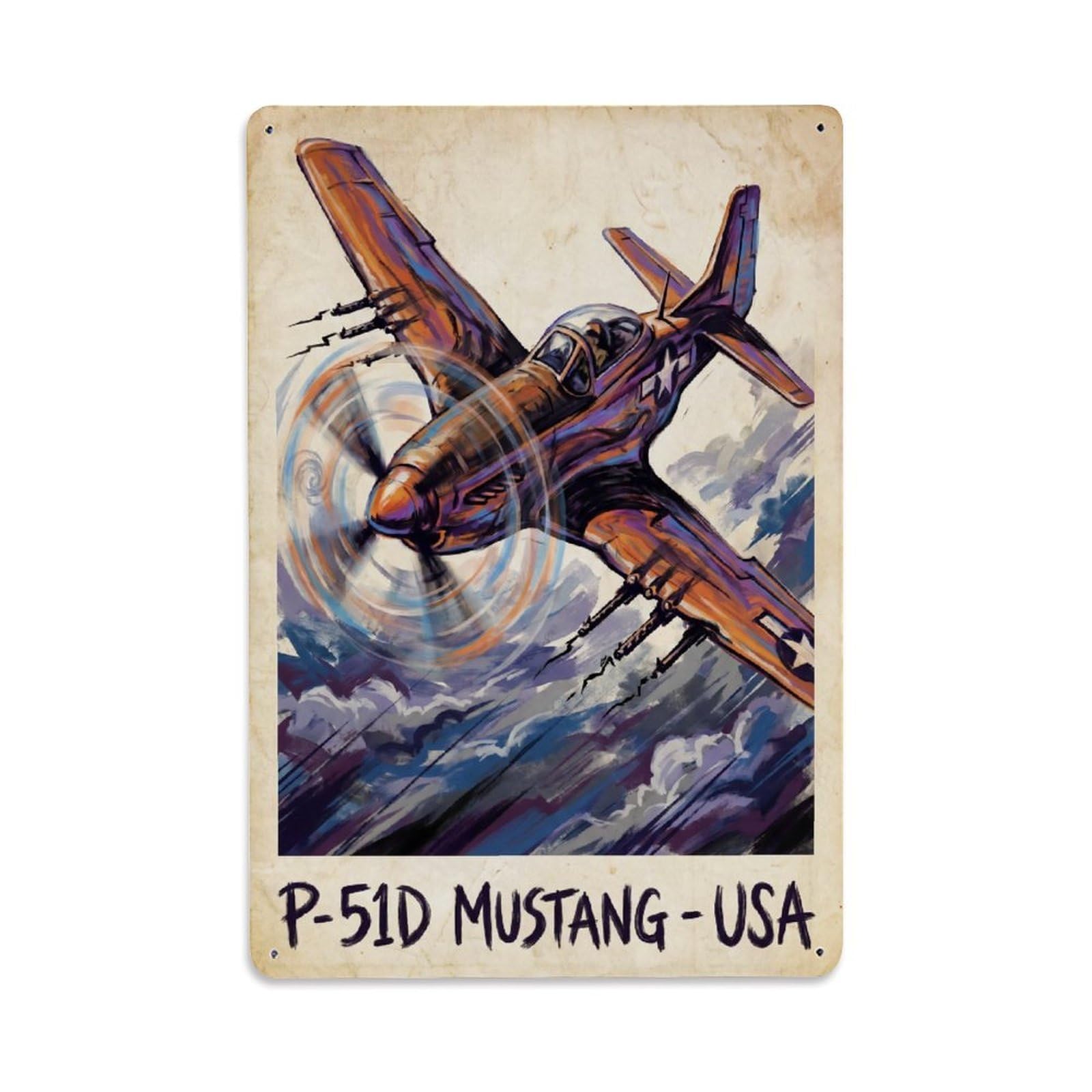 P-51D Mustang Fighter Aircraft Action Aviation Metal Tin Sign Plaque Wall Decor for Cafe, Man Cave, Club Bar, Office, Home Garden Round Metal Poster 8x12Inch