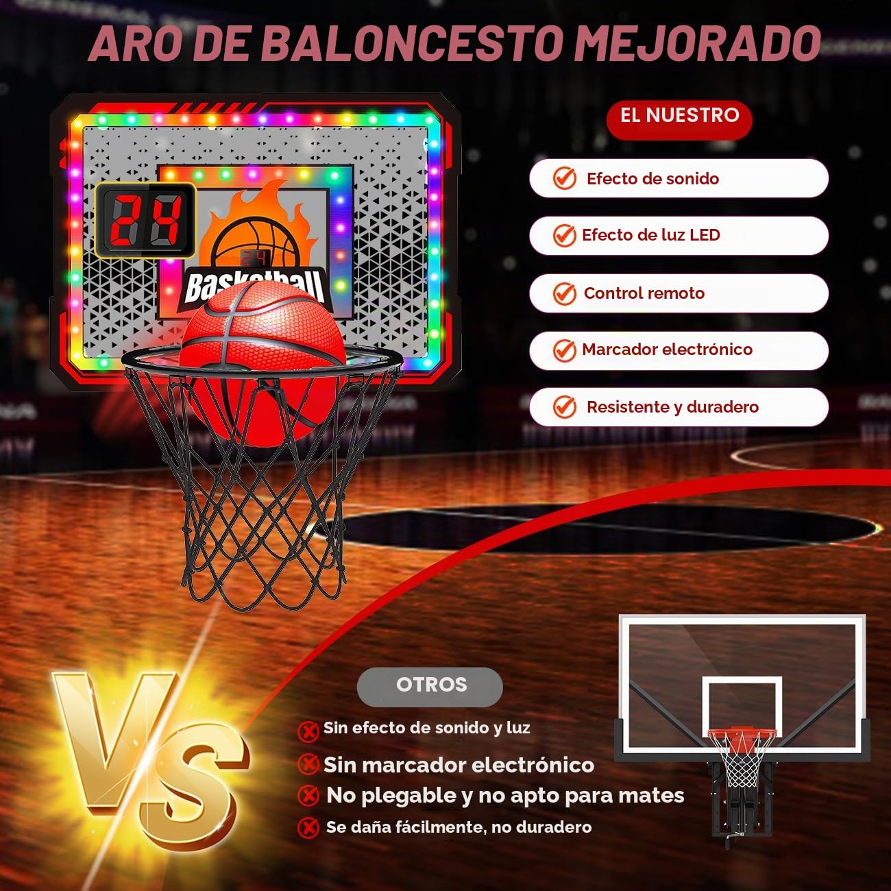 VATOS Aro de baloncesto para interiores, marcador de luz LED con control remoto, juego de baloncesto sobre la puerta, juguete de dormitorio para niños de 3 a 8 años
