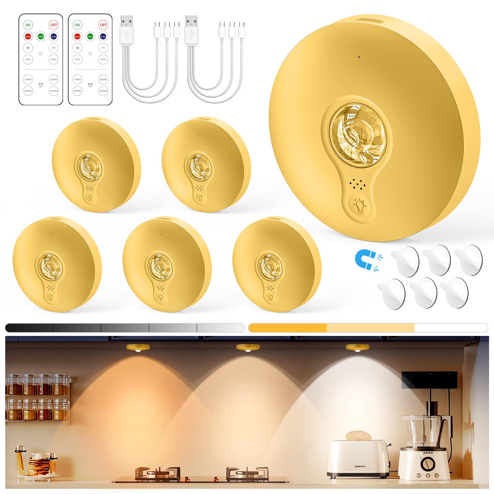 Yiliaw Rechargeable Puck Lights with Remote Control 6 Pack, Gold