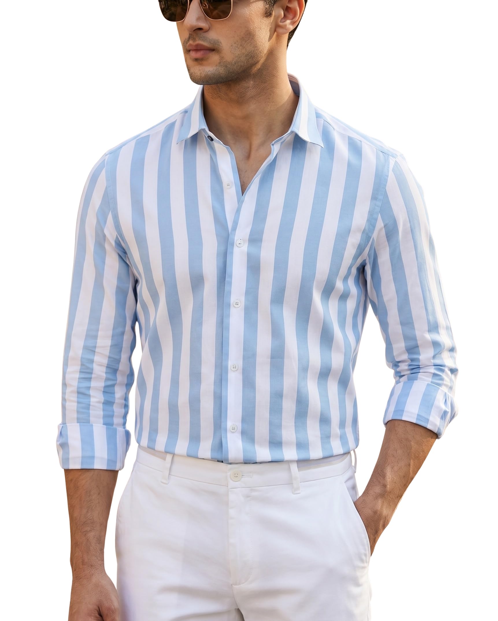 Vero Moda Men's Striped Cotton Shirt | Slim Fit Stylish Casual Shirt for Men | Full Sleeve Summer Wear Vertical Stripe Shirt for Office, Vacation in neutral