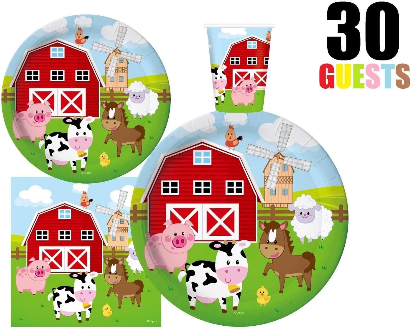 Serves 30 Complete Party Pack Farm House Fun Barnyard Animals Party Supplies 9" Dinner Paper Plates 7" Dessert Paper Plates 9 oz Cups 3 Ply Napkins Farm Animal Barn Themed Party Supplies