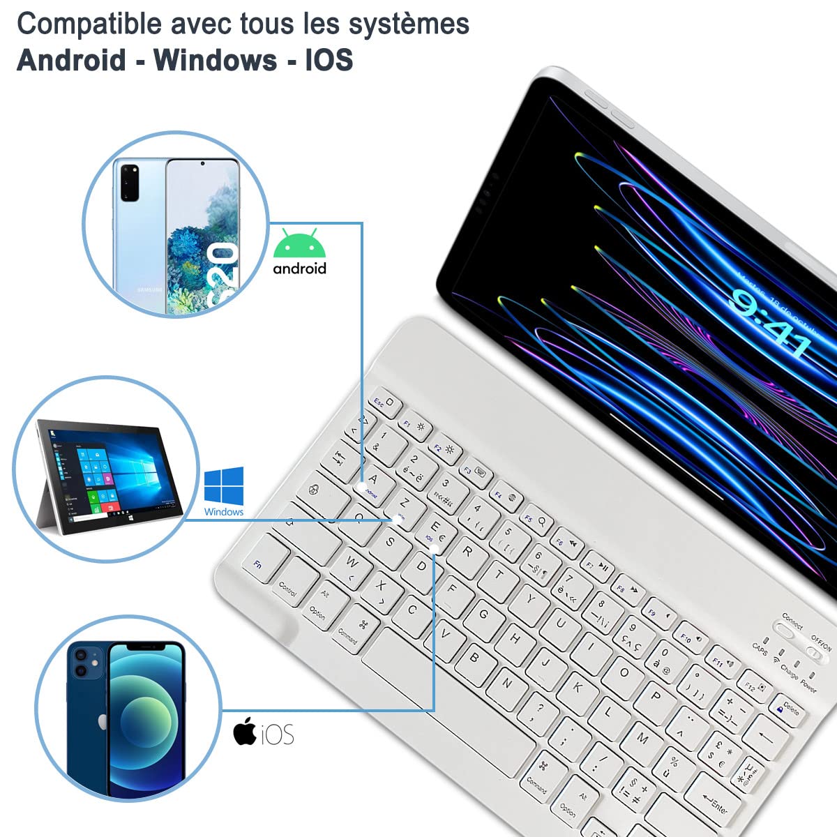 Clavier Sans Fil AZERTY Blanc Karylax – Pour Tablettes Lenovo Tab M10 / Tab P11 Android