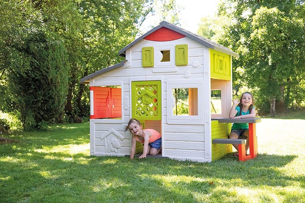 Smoby- Casita Infantil Neo Friends House Con Cocina, 1,72m de Alto, 2 Puertas de Entrada, Timbre Electrónico, Mesita Exterior, Posibilidad de Añadir Múltiples Accesorios, Para Niños a Partir de 3 Años