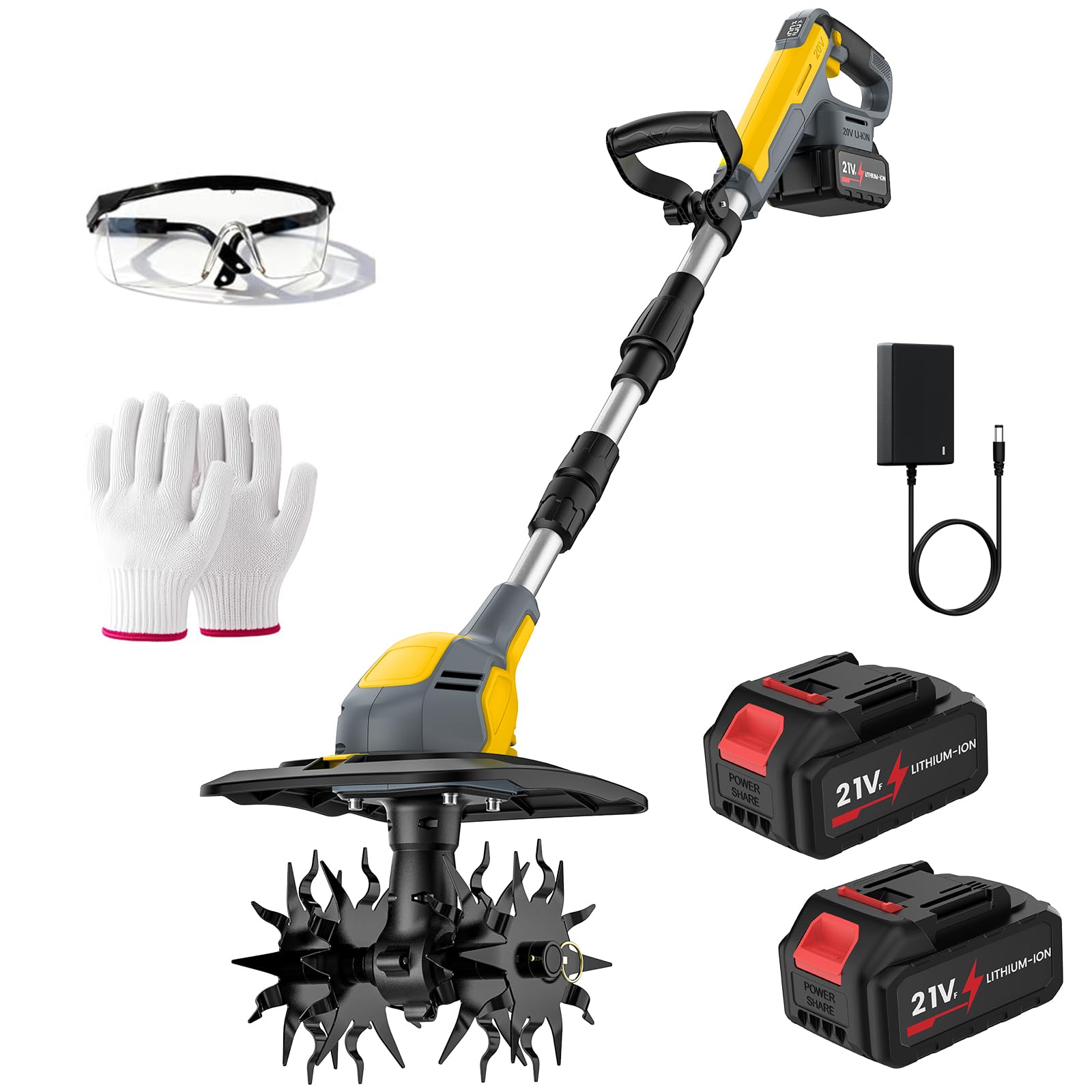 21V Cordless Tiller Cultivator, Electric Garden Cultivator with 2ร4000mah Batteries & Charger, 23cm Tilling Depth, 20cm Working Width, Cordless Tiller Rotavator for Lawn, Garden