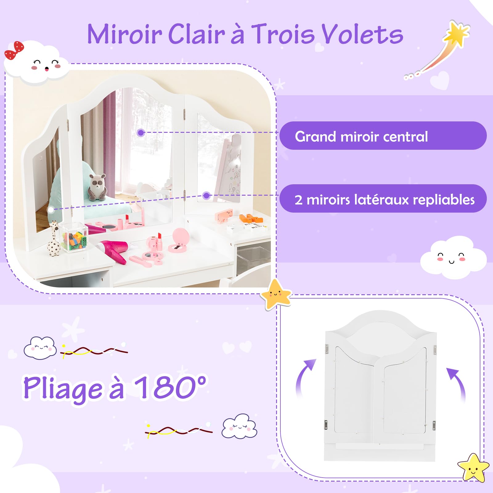 DREAMADE 2 en 1 Coiffeuse Enfants Fille avec Tabouret,Table de Maquillage Princesse avec Miroir Triptyque Amovible,4 Étagères Ouvertes (Blanc+Tabouret)