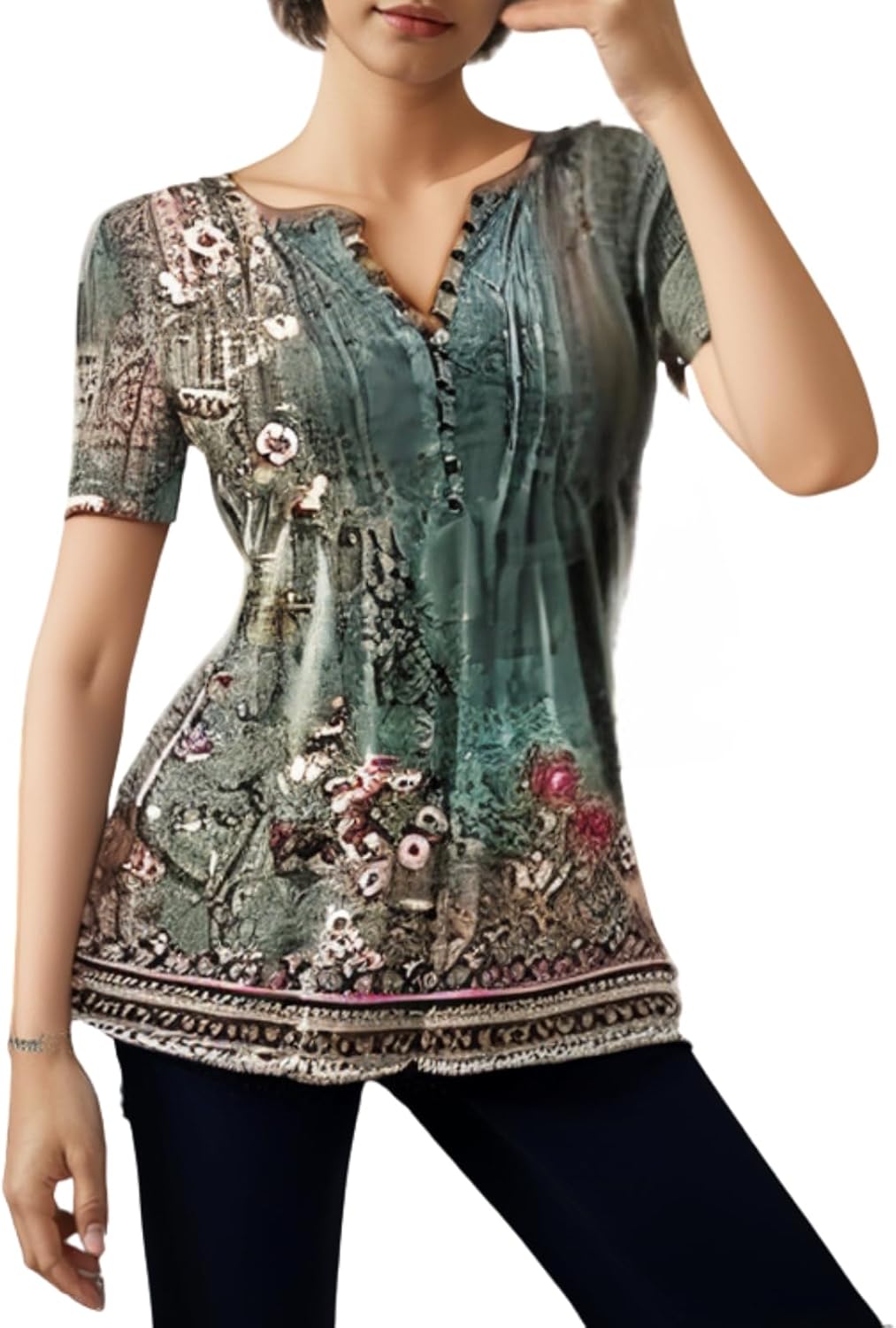 Womens Summer Tops Dressy Casual Short Sleeve Button V Neck T Shirts Trendy Boho Floral Tunic Blouses Cute Flowy Tees - Image 8
