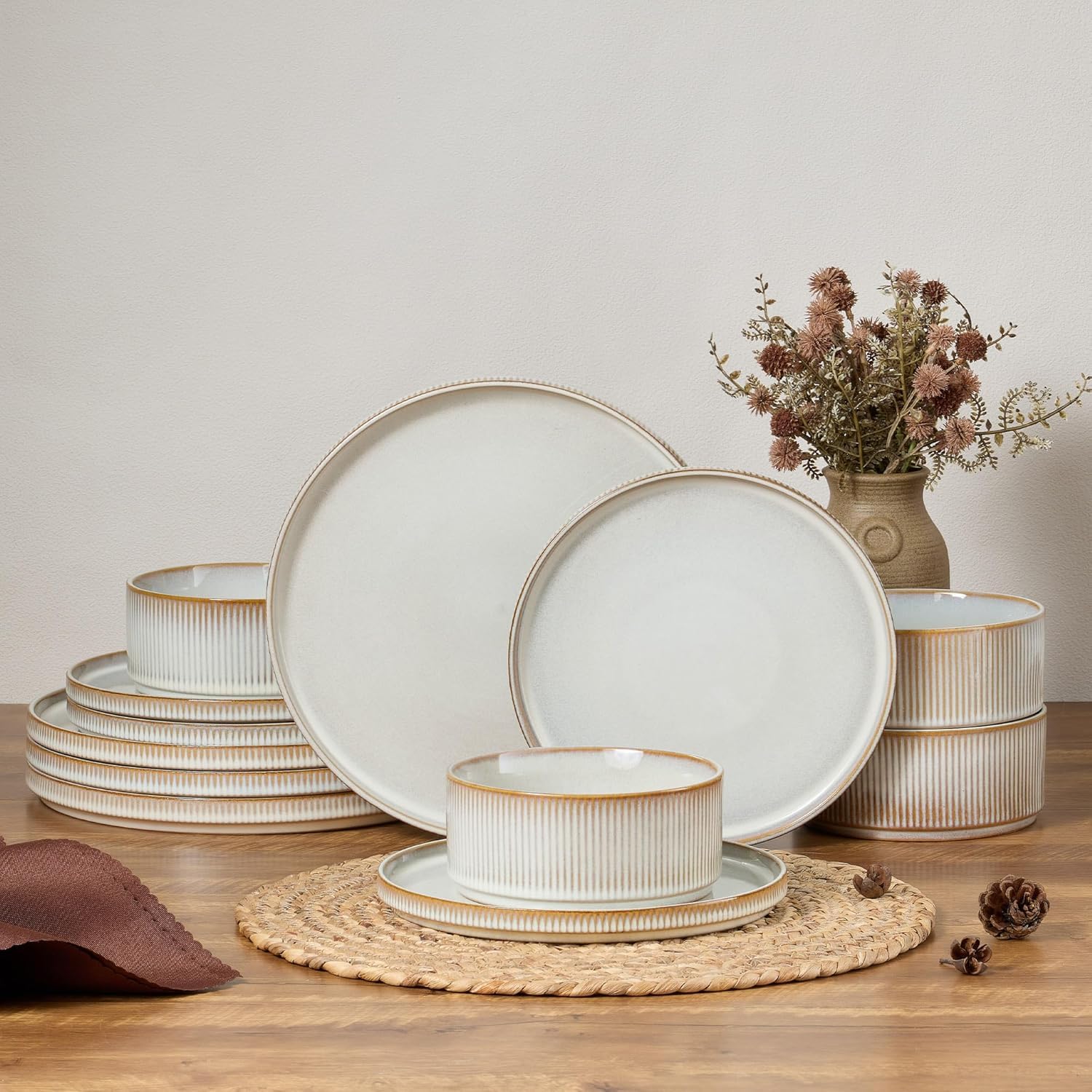 HaWare Dinner Set, 12 PCS Stoneware Plates and Bowls Set, Blackish Green