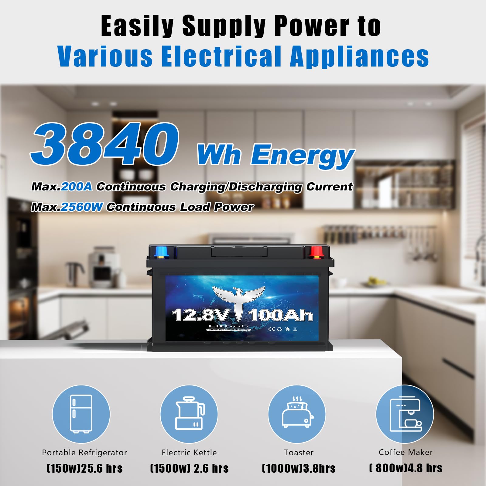 LiFePO4 12V 100Ah Batteria Al Litio Con Bluetooth E BMS 100A - 5000+ Cicli - Per Camper, Barca E Campeggio - Connessione Serie/Parallelo - 3
