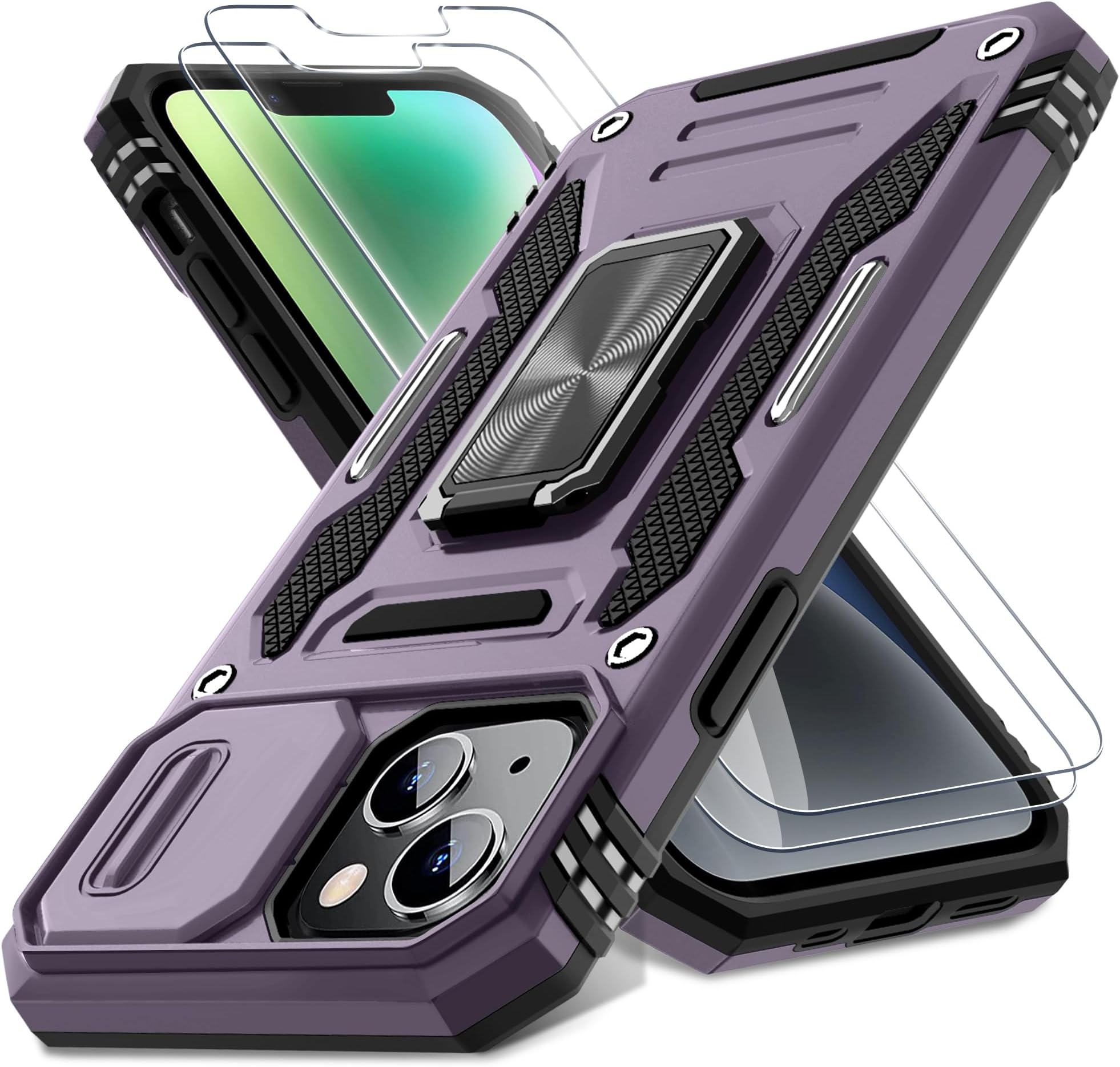 DEERLAMN Case for iPhone 13/iPhone 14 6.1-Inch with Slide Camera Cover+Screen Protector(2 Packs),Rotated Ring Kickstand Military Grade Shockproof Protective Cover-Deep Purple