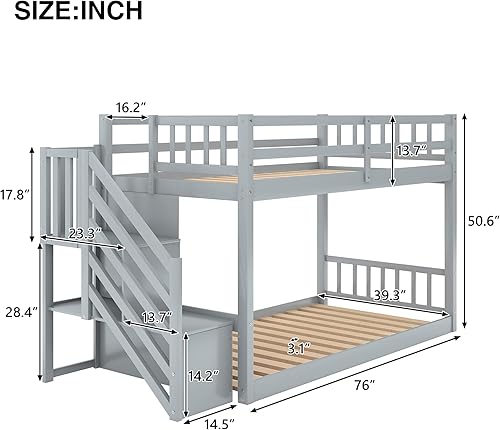 Miniatura 20 de Harper & Bright Designs Litera individual sobre individual para niños, litera baja con escalera y barandillas de seguridad, marco de litera de gris