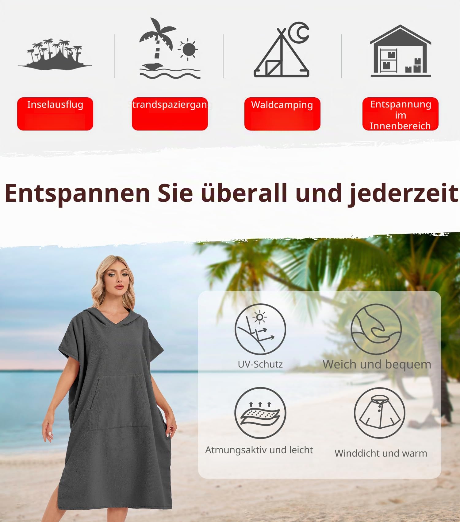 Abahub Surf Poncho Herren Damen Badeponcho Handtuch Poncho für Erwachsene mit Kapuze schnell trocknender Umkleide-Bademantel Mikrofaser zum Surfen, Strand, Schwimmen M/L