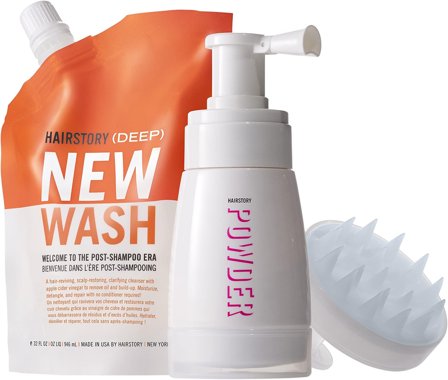 HairstoryNew Wash (DEEP) KIT - Hair Cleanser 8oz + Hair Powder 1.35oz + Scalp Brush for Cleansing and Conditioning