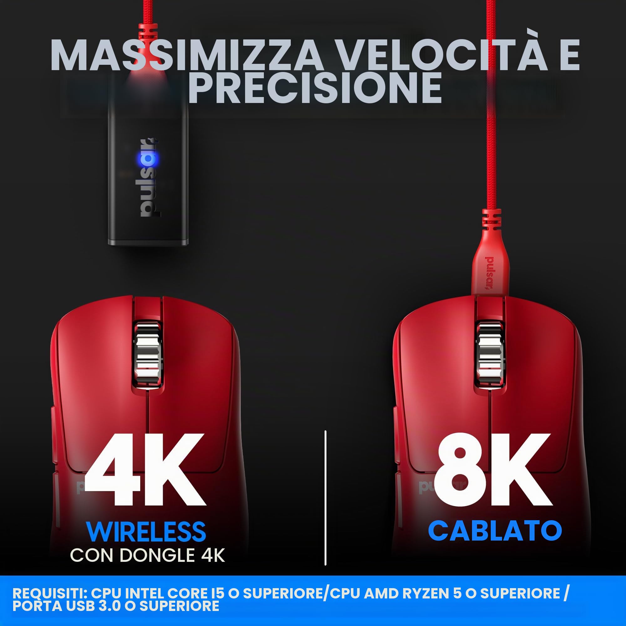 Pulsar Gaming Gears - Mouse da gioco wireless Xlite V3 eS, edizione limitata, ergonomico, interruttore ottico, display OLED, sensore PAW3395, dongle 4K incluso (medio, rosso) (rinnovato)